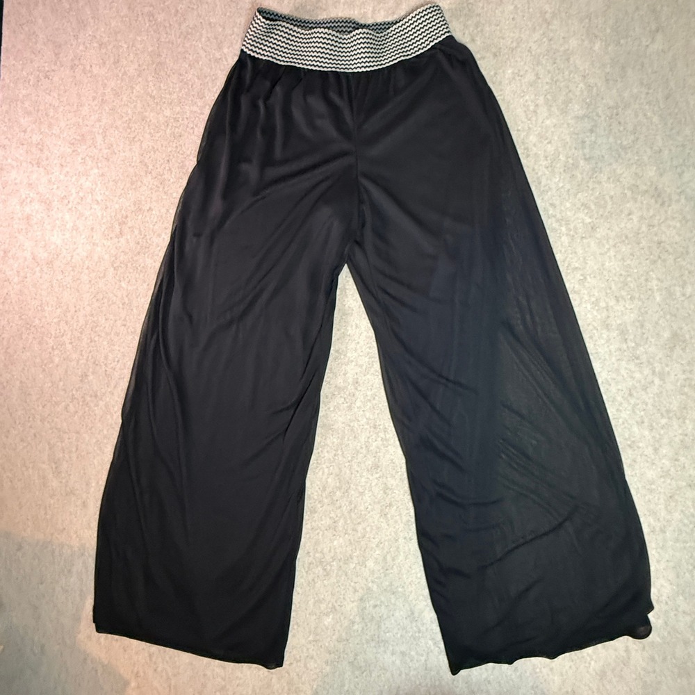 New Directions Wide Leg Pants Sheer Mesh Overlay Silver Metallic Waist‎  XL Goth